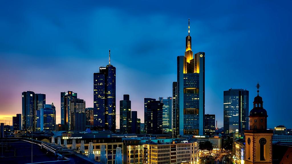 Sunset over a vibrant city skyline